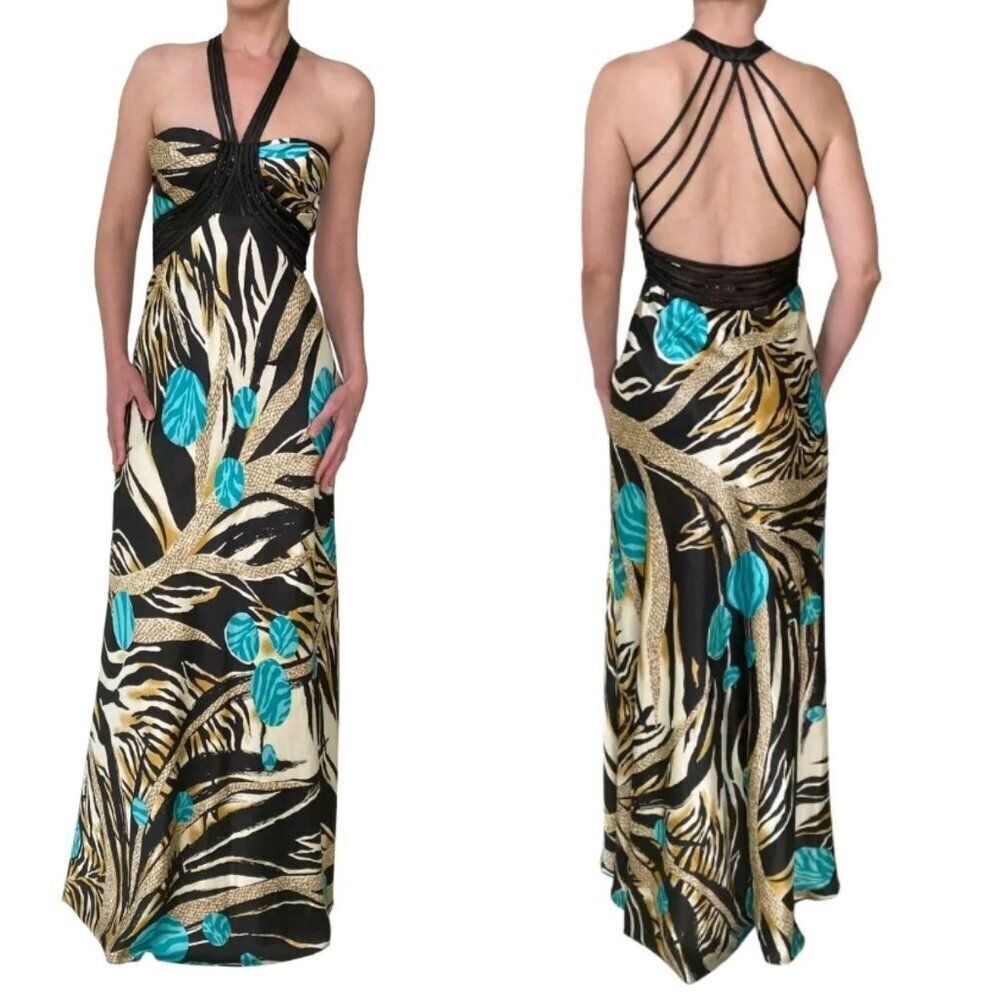Dave & Johnny  Black Halter Maxi Dress‎ Sz 5/6 Tropical Beaded Strappy Open Back